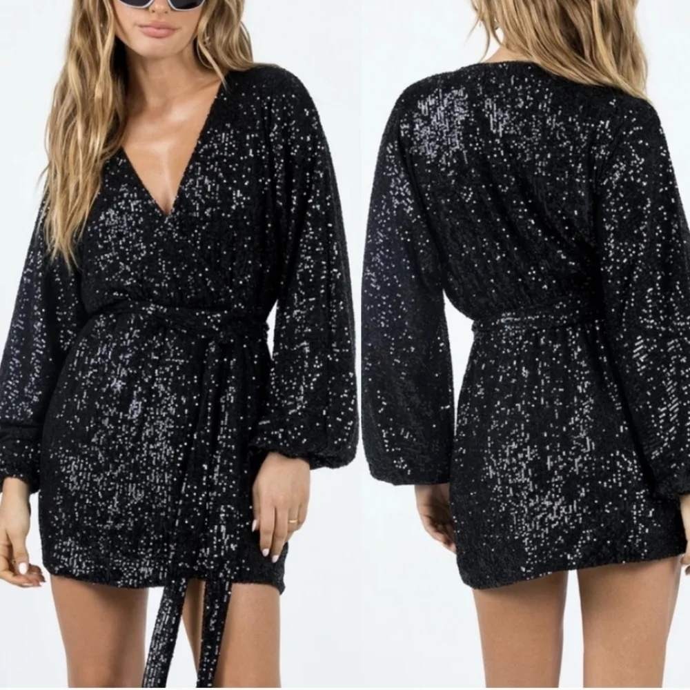 Princess Polly Dancing Queen Sequin Wrap Mini Dress Size 6 Black Long Sleeve Tie